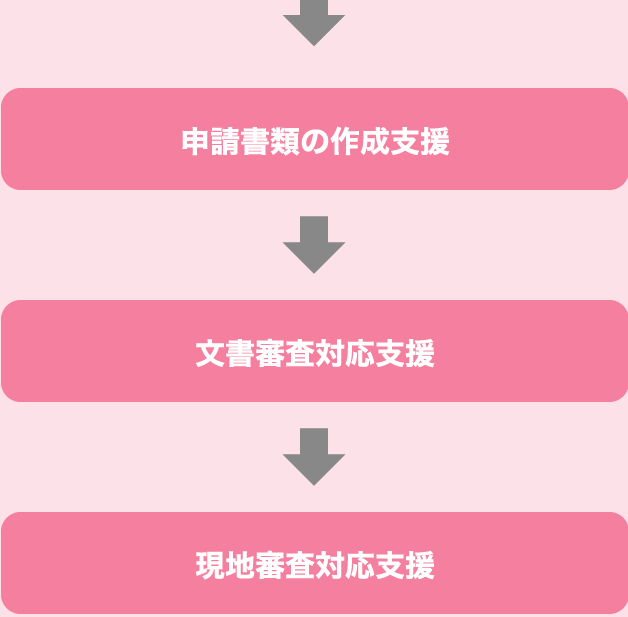 申請書類の作成支援、文書審査対応支援、現地審査対応支援